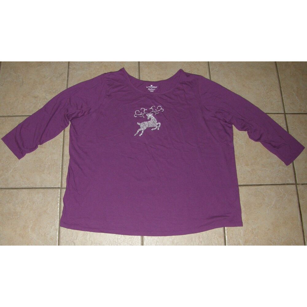 Purple Plus Sz 30/32 Soft Stretchy Rhinestone Reindeer Christmas Holiday Shirt